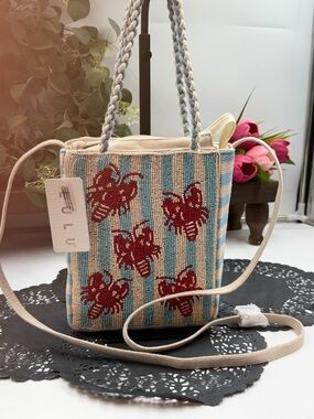 VIRAL Lola Lobster Beaded Crossbody Bag Blue Stripe Coastal Summer Purse